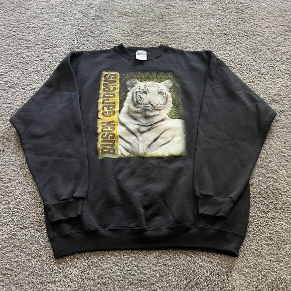 Vintage 90s Busch Gardens White Tiger Sweatshirt Crewneck Black Size XL TULTEX - Picture 1 of 6